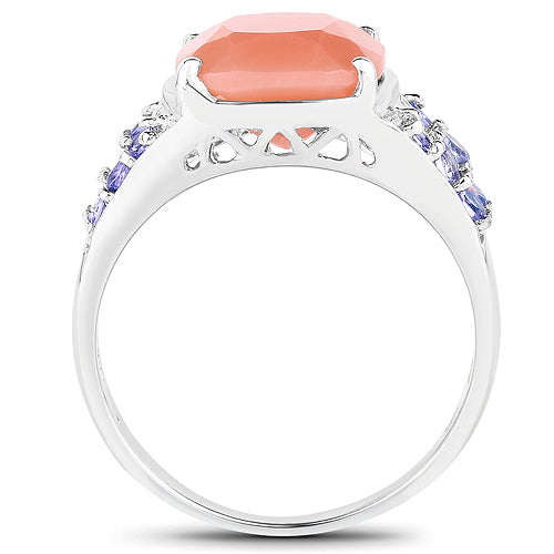 Bague en argent sterling avec pierre de lune pêche et tanzanite de 3,97 carats