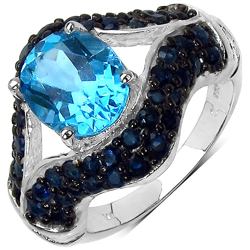 Bague en argent sterling avec topaze bleue et saphirs de 5,02 carats