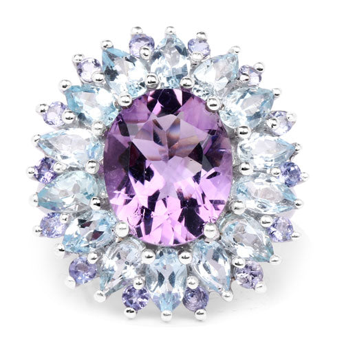 Bague en argent sterling avec améthyste de 7,79 carats, topaze bleue et tanzanite
