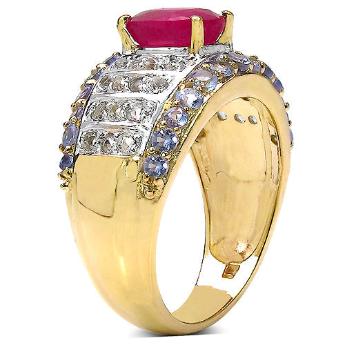 14K Yellow Gold Plated Ruby, Tanzanite & White Topaz Ring
