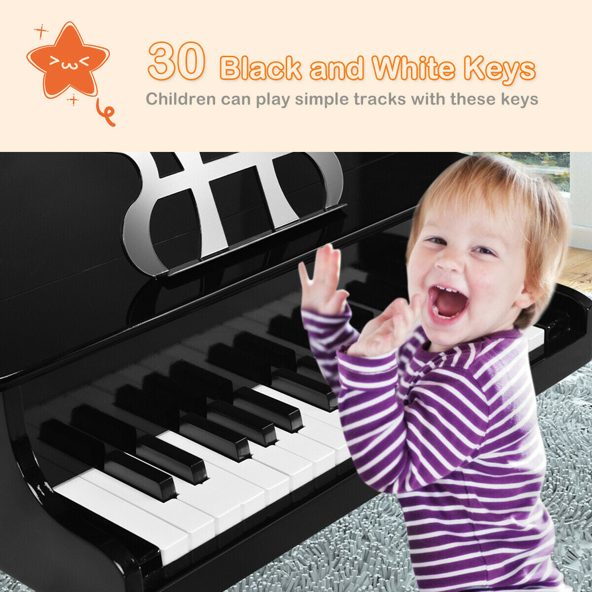 Piano à queue en bois pour enfants avec 30 touches et banc - Noir