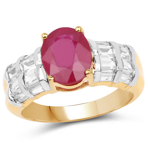 Bague en Argent Sterling Plaqué Or Jaune 14K avec Rubis et Topaze Blanche