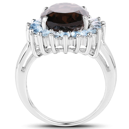 Anillo de Plata Esterlina con Cuarzo Ahumado de 6.79 Quilates y Topacio Azul