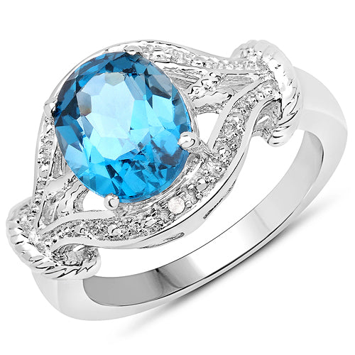 Anillo de Topacio Azul Londres de 3.26 Quilates y Diamante Blanco en Plata de Ley