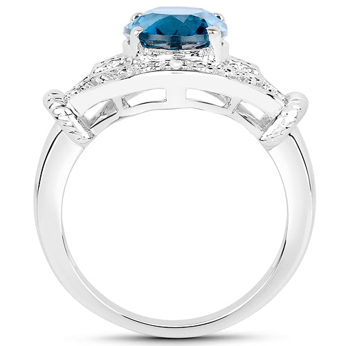 Anillo de Topacio Azul Londres de 3.26 Quilates y Diamante Blanco en Plata de Ley