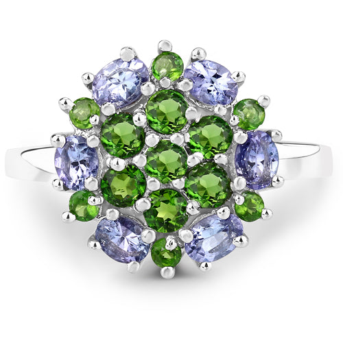 Bague en Argent Sterling de 2,03 Carats en Tanzanite et Diopside Chrome