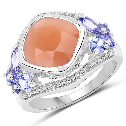 Bague en argent sterling avec pierre de lune pêche et tanzanite de 4,67 carats