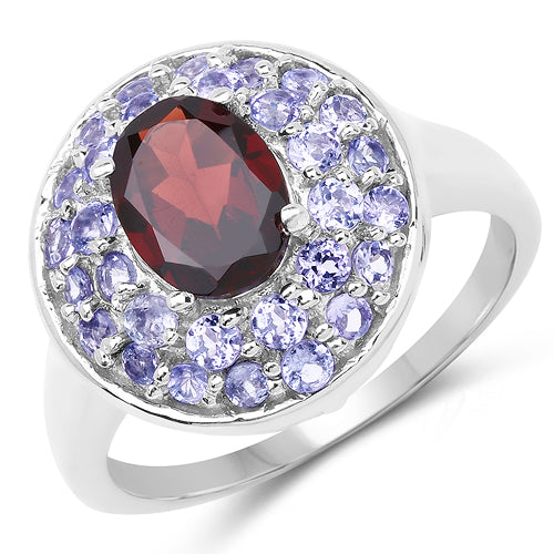 Anillo de Plata Esterlina de 2.56 Quilates con Granate y Tanzanita