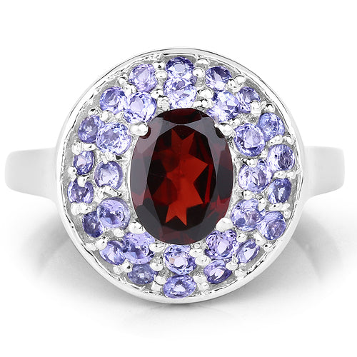 Anillo de Plata Esterlina de 2.56 Quilates con Granate y Tanzanita