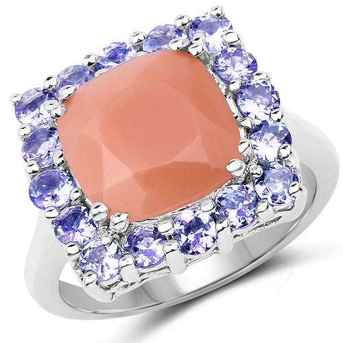 Bague en argent sterling avec pierre de lune pêche et tanzanite de 6,70 carats