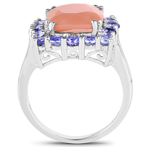 Bague en argent sterling avec pierre de lune pêche et tanzanite de 6,70 carats