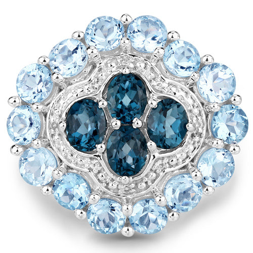 Bague en argent sterling avec topaze bleue de Londres et topaze blanche de 6,54 carats