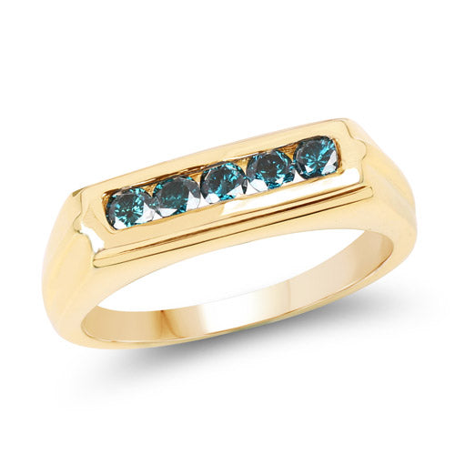 14K Yellow Gold Plated Blue Diamond Sterling Silver Engagement Ring
