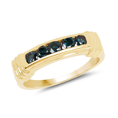 14K Yellow Gold Plated Blue Diamond Sterling Silver Engagement Ring