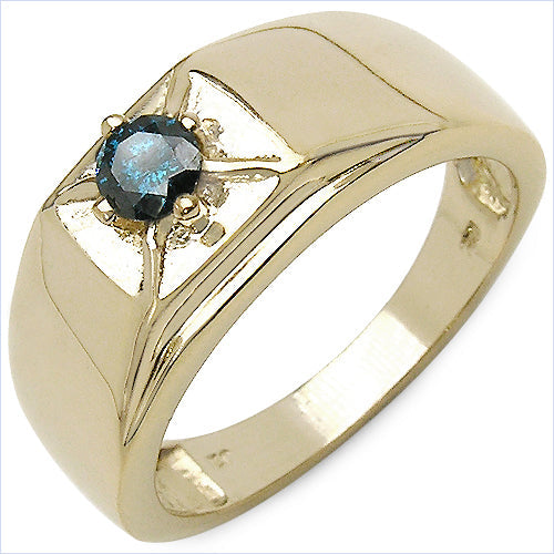 14K Yellow Gold Plated Blue Diamond Sterling Silver Engagement Ring