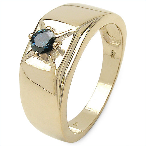 14K Yellow Gold Plated Blue Diamond Sterling Silver Engagement Ring