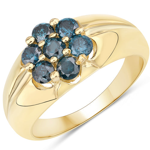 Anillo de Plata Esterlina con Diamante Azul Baño de Oro Amarillo de 14K