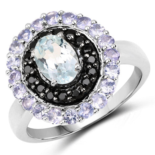 Bague en Argent Sterling de 1,77 Carat en Aigue-Marine et Tanzanite