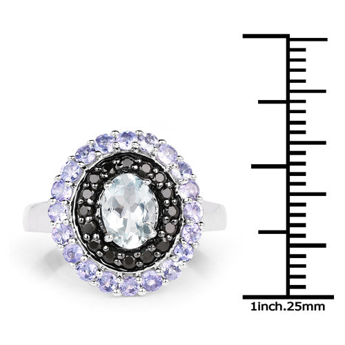Bague en Argent Sterling de 1,77 Carat en Aigue-Marine et Tanzanite