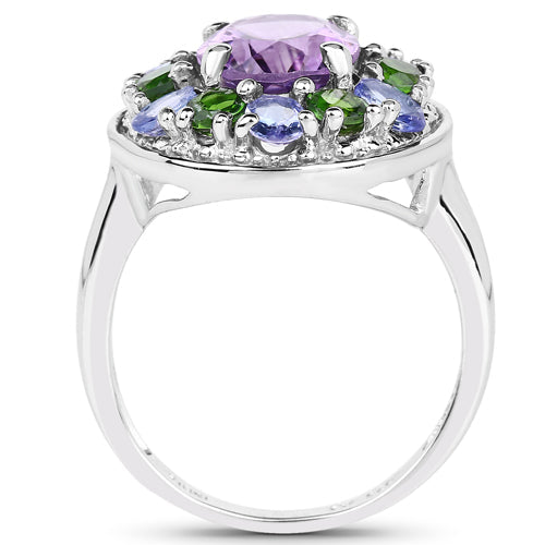 3.89 Carat Amethyst, Tanzanite & Chrome Diopside Sterling Silver Ring
