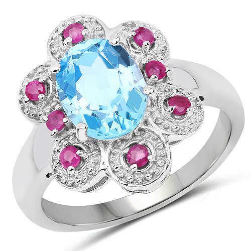 2.28 Carat Swiss Blue Topaz & Ruby Sterling Silver Ring