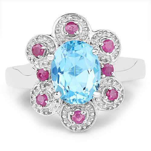 2.28 Carat Swiss Blue Topaz & Ruby Sterling Silver Ring