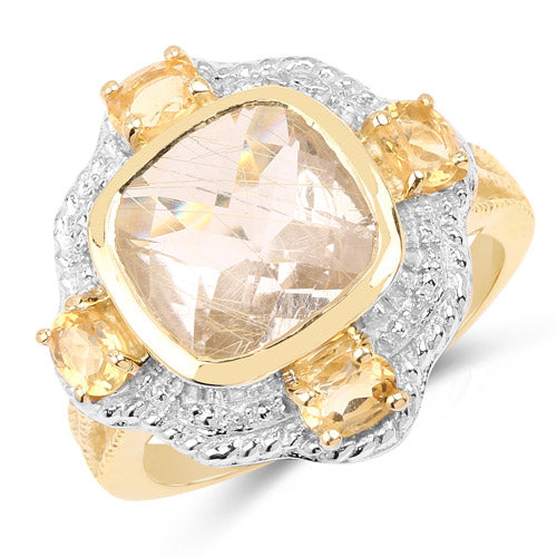 14K Yellow Gold Plated 4.07 Carat Golden Rutile & Citrine Ring
