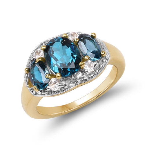 Bague en Topaze Bleue de Londres et Topaze Blanche Plaquée Or Jaune 14K