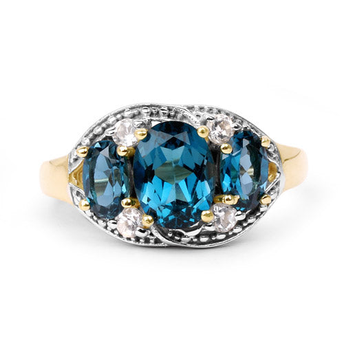 Bague en Topaze Bleue de Londres et Topaze Blanche Plaquée Or Jaune 14K