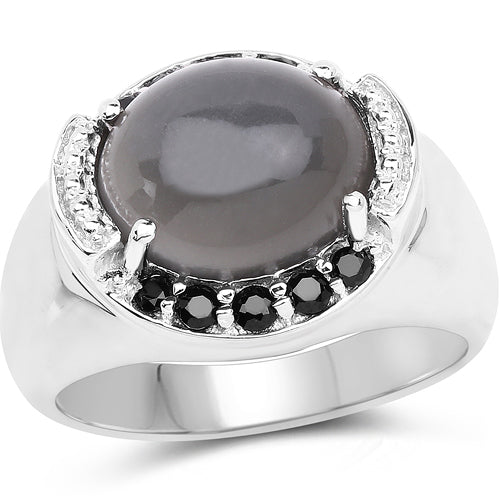5.68 Carat Genuine Grey Moonstone & Black Spinel Ring