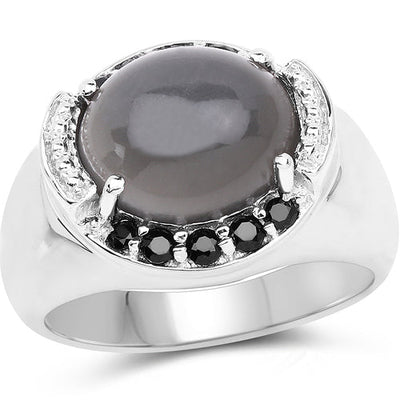 Bague en Pierre de Lune Grise et Spinelle Noir de 5,68 Carats