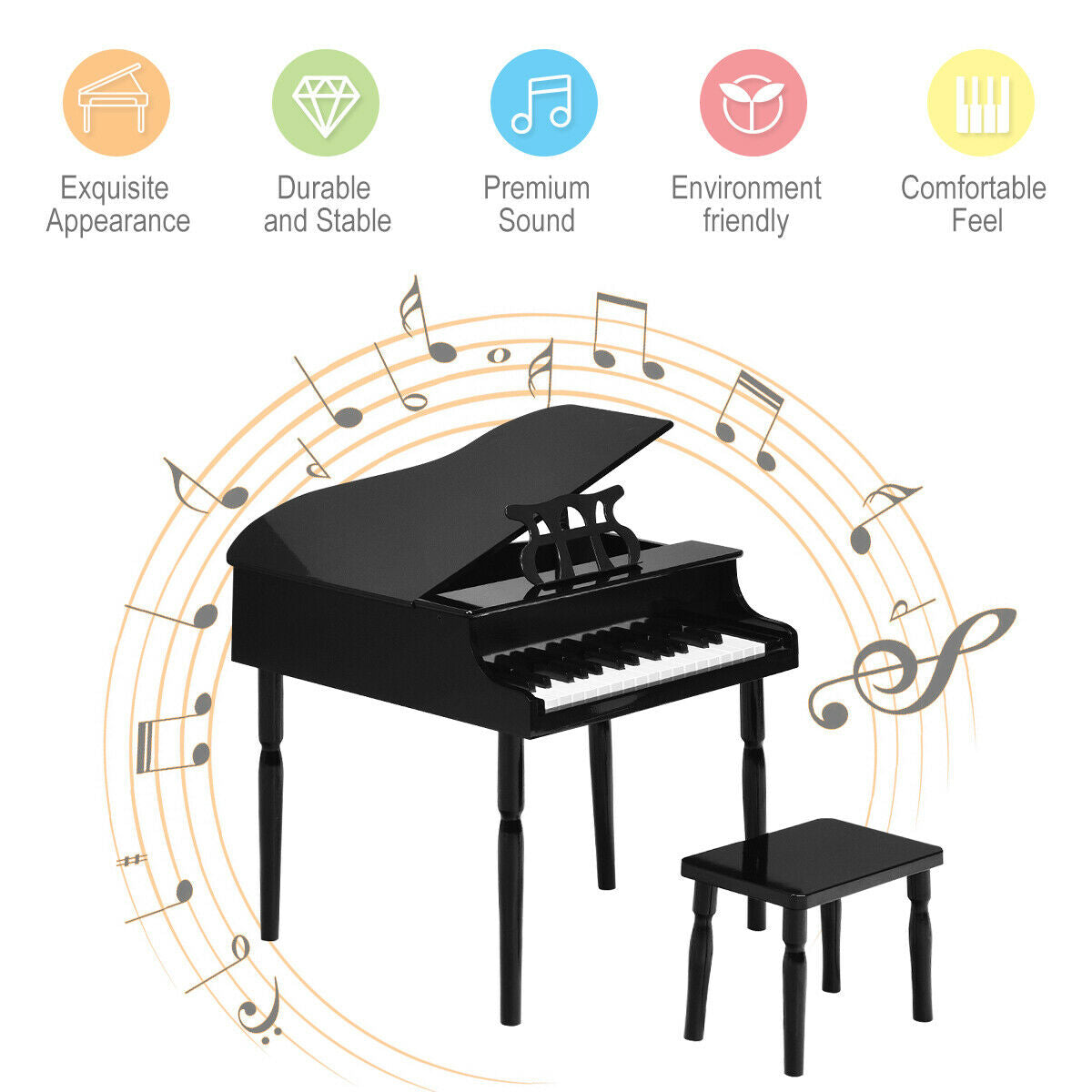 Piano à queue en bois pour enfants avec 30 touches et banc - Noir