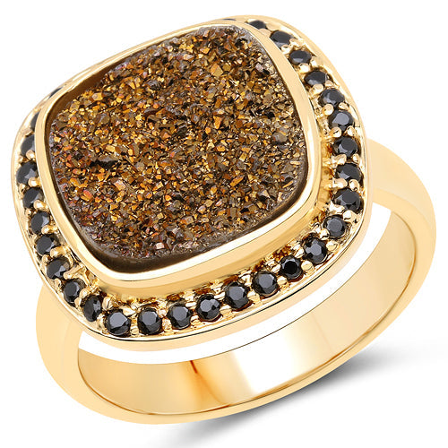 Anillo de cóctel de cuarzo drusy y espinela negra chapado en oro amarillo de 14K