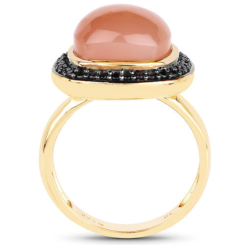 Bague en Pierre de Lune Pêche et Spinelle Noir Plaquée Or Jaune 14K