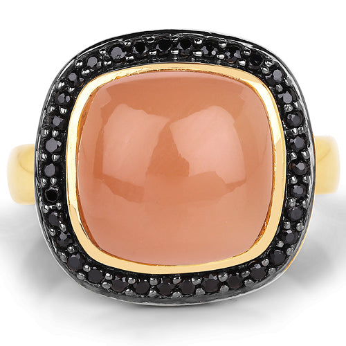 Bague en Pierre de Lune Pêche et Spinelle Noir Plaquée Or Jaune 14K