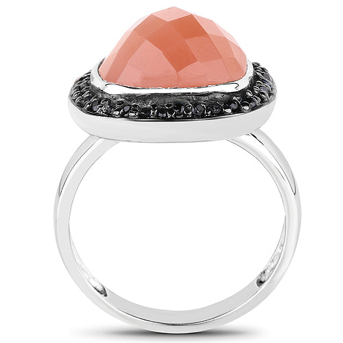 6.46 Carat Peach Moonstone & Black Spinel Sterling Silver Ring