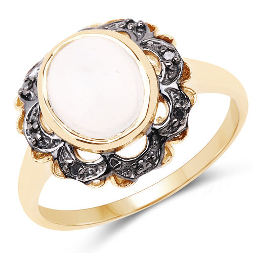 3.04 Carat White Moonstone & Black Diamond Sterling Silver Ring