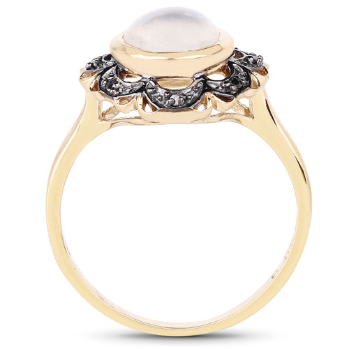 3.04 Carat White Moonstone & Black Diamond Sterling Silver Ring