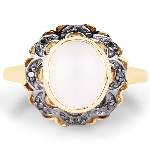 3.04 Carat White Moonstone & Black Diamond Sterling Silver Ring