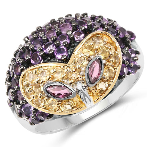 2.01 Carat Genuine Rhodolite and Amethyst Sterling Silver Ring