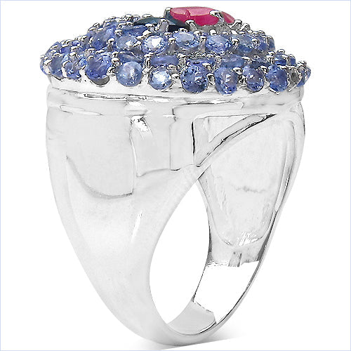 3.31 Carat London Blue Topaz, Ruby & Tanzanite Sterling Silver Ring
