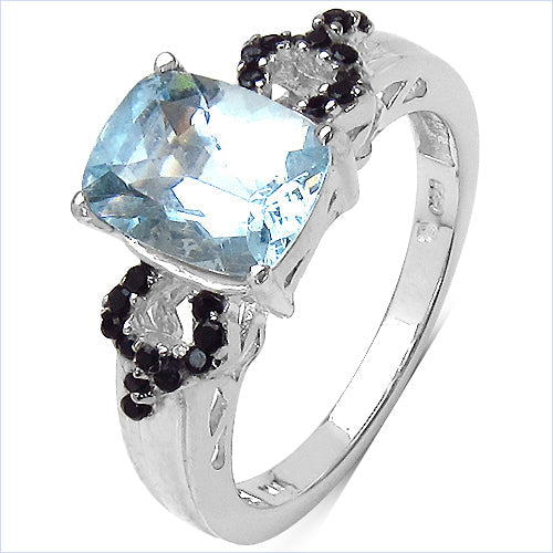 1.92 Carat Genuine Aquamarine & Black Spinel Sterling Silver Ring