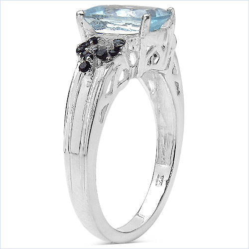 1.92 Carat Genuine Aquamarine & Black Spinel Sterling Silver Ring