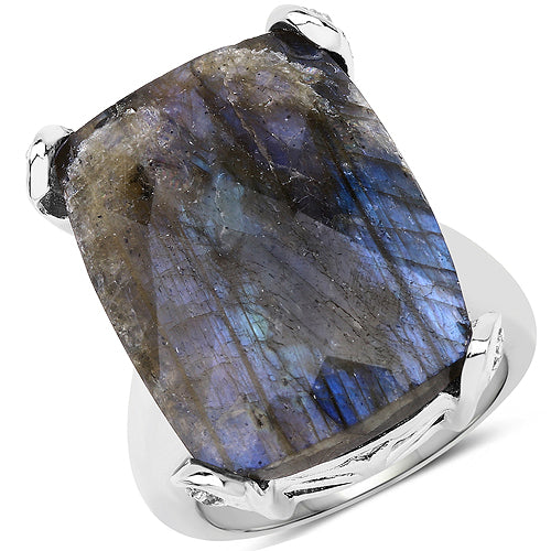17.17 Carat Genuine Labradorite and White Topaz Sterling Silver Ring