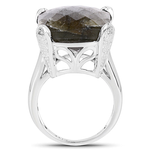 17.17 Carat Genuine Labradorite and White Topaz Sterling Silver Ring