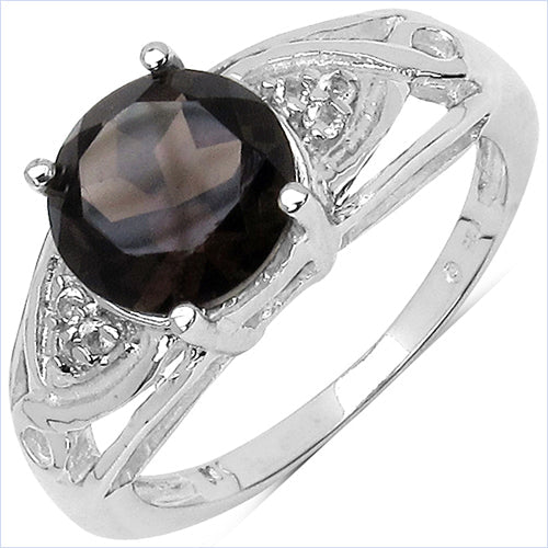 Anillo de Plata de Ley con Cuarzo Ahumado de 2.59 Quilates y Topacio Blanco