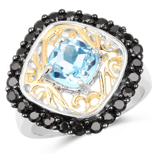 Bague en Topaze Bleue Suisse et Spinelle Noir Plaquée Deux Tons de 2,85 Carats