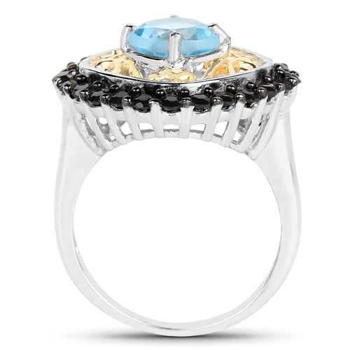 Bague en Topaze Bleue Suisse et Spinelle Noir Plaquée Deux Tons de 2,85 Carats