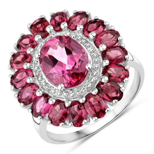 Bague en argent sterling avec topaze rose de 5,46 carats et grenat rhodolite