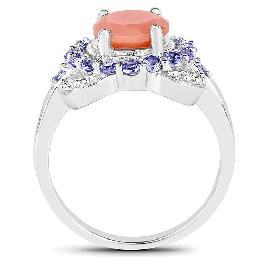 Anillo de Plata Esterlina con Piedra Luna Melocotón y Tanzanita de 2.87 Quilates